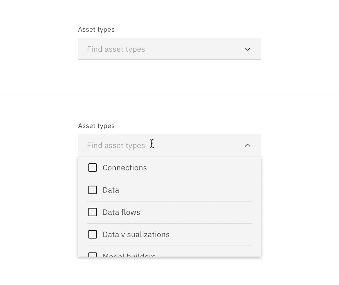 Fixed filterable dropdown closed and open state.